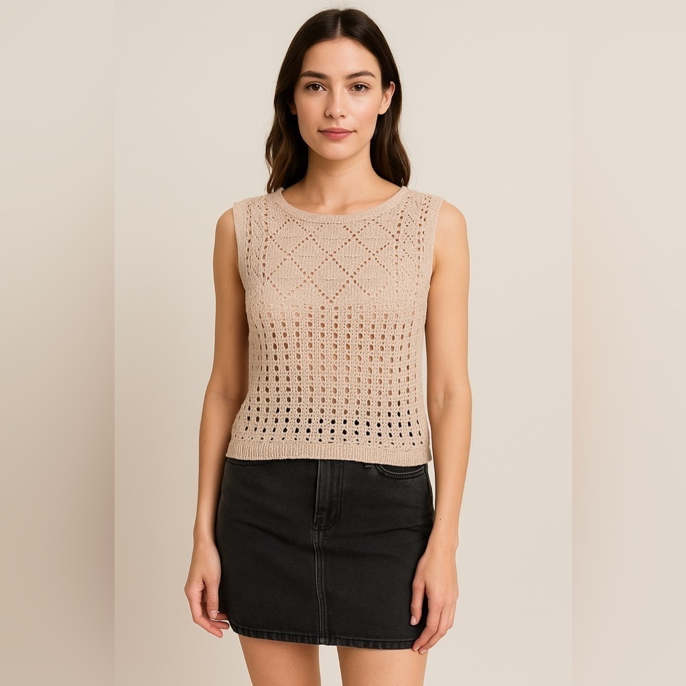 Cyrus Open Knit Sheer Crochet Blouse Women’s Beige Cottagecore Coquette Top M